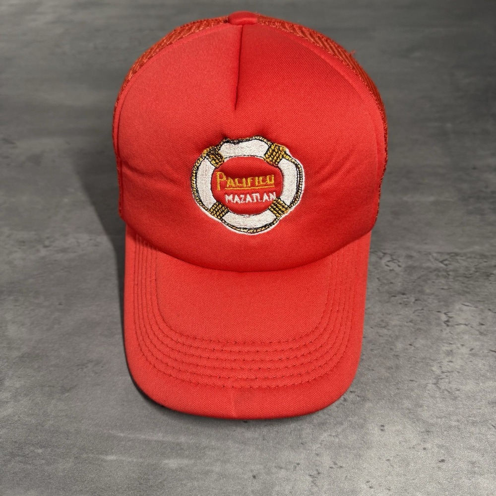Vintage Pacifico Beer Mazatlan SnapBack Hat Red Trucker Nylon Foam German Mexico